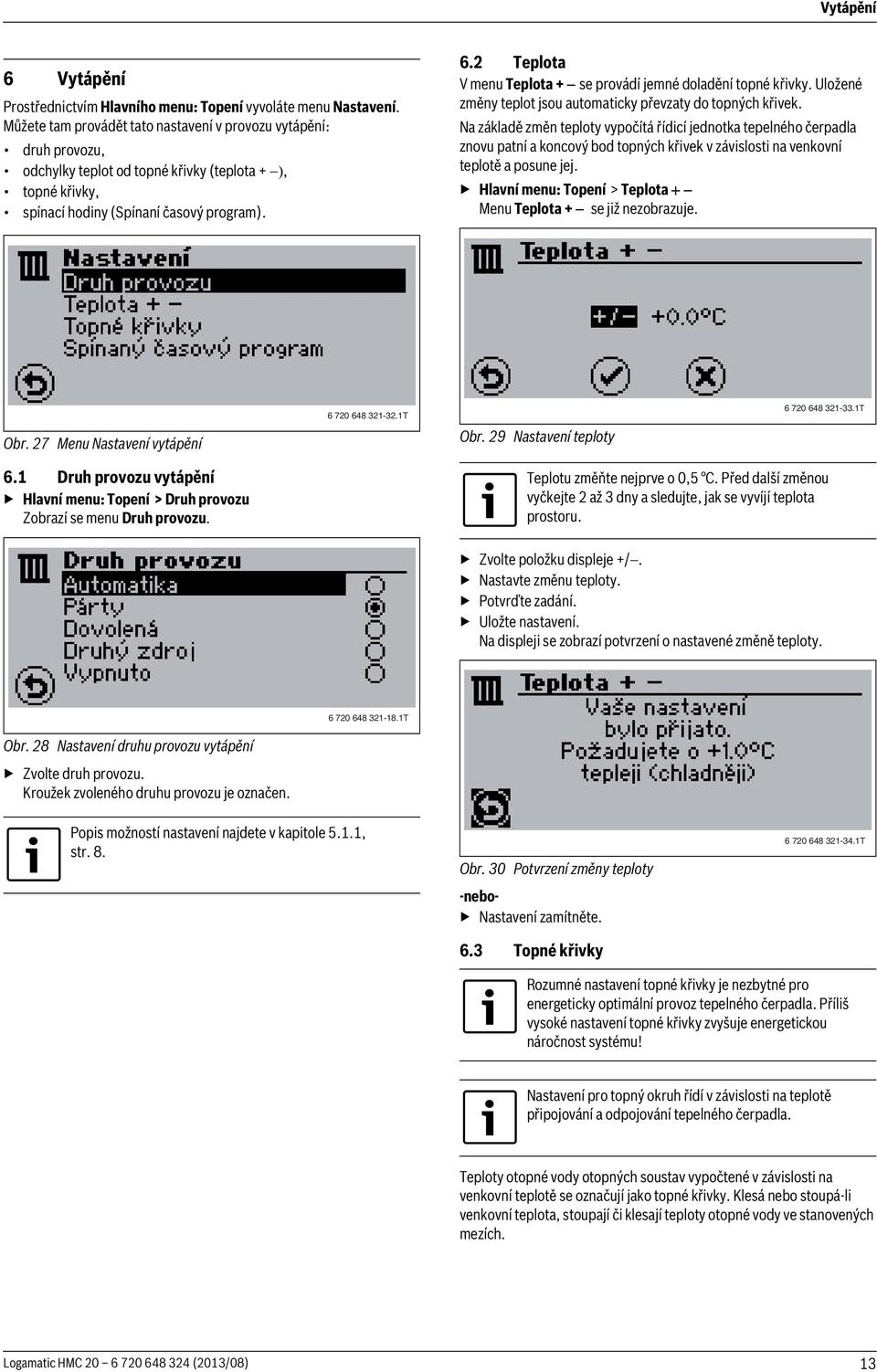 2 Teplota V menu Teplota + se provádí jemné doladění topné křivky. Uložené změny teplot jsou automaticky převzaty do topných křivek.