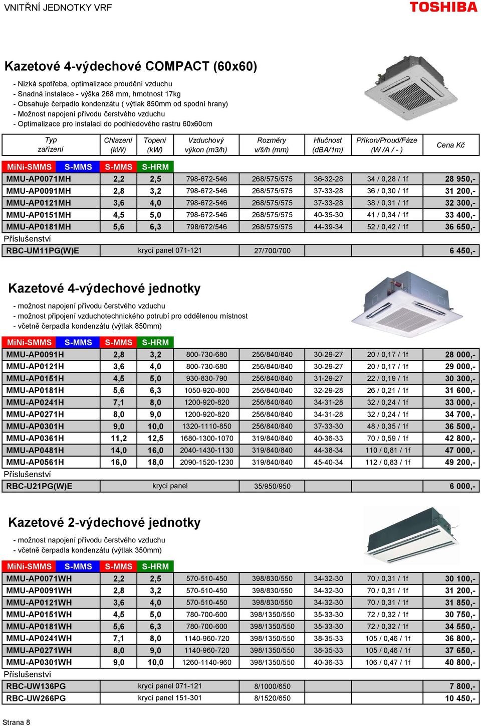 Hlučnost (dba/1m) Příkon/Proud/Fáze (W /A / - ) MMU-AP0071MH 2,2 2,5 798-672-546 268/575/575 36-32-28 34 / 0,28 / 1f 28 950,- MMU-AP0091MH 2,8 3,2 798-672-546 268/575/575 37-33-28 36 / 0,30 / 1f 31