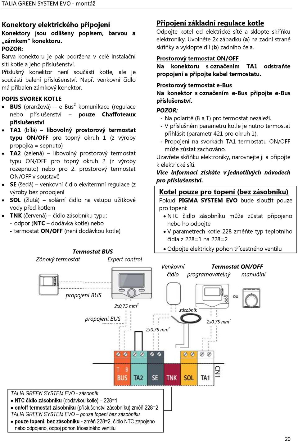 POPIS SVOREK KOTLE BUS (oranžová) e-bus 2 komunikace (regulace nebo příslušenství pouze Chaffoteaux příslušenství TA1 (bílá) libovolný prostorový termostat typu ON/OFF pro topný okruh 1 (z výroby