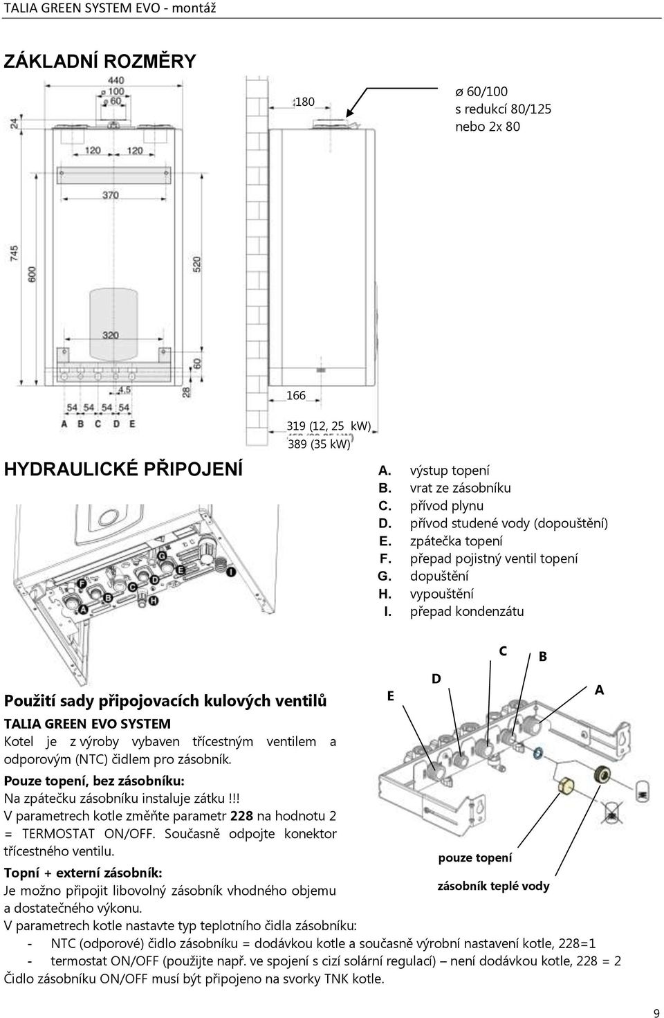 přepad kondenzátu Použití sady připojovacích kulových ventilů TALIA GREEN EVO SYSTEM Kotel je z výroby vybaven třícestným ventilem a odporovým (NTC) čidlem pro zásobník.