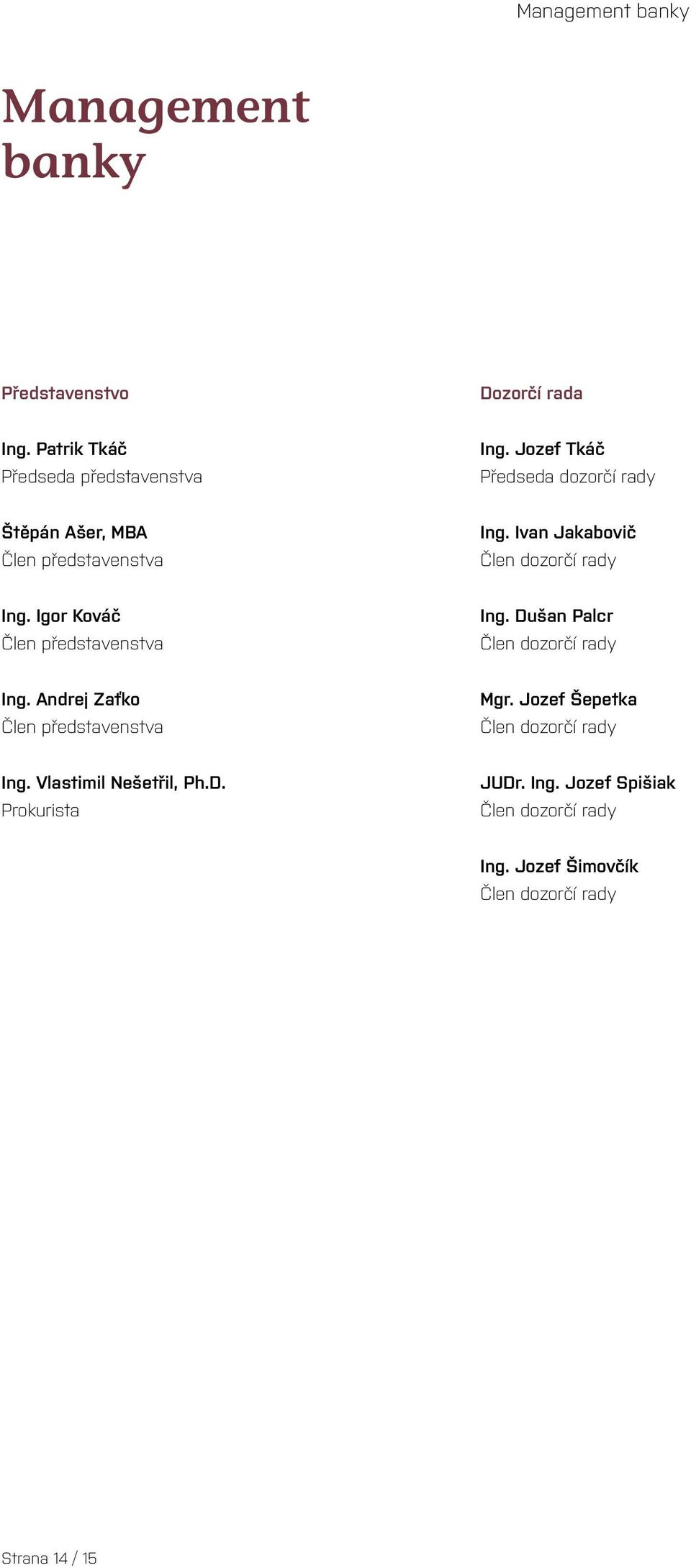 Igor Kováč Člen představenstva Ing. Dušan Palcr Člen dozorčí rady Ing. Andrej Zaťko Člen představenstva Mgr.