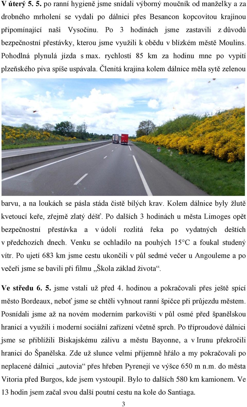 rychlostí 85 km za hodinu mne po vypití plzeňského piva spíše uspávala. Členitá krajina kolem dálnice měla sytě zelenou barvu, a na loukách se pásla stáda čistě bílých krav.