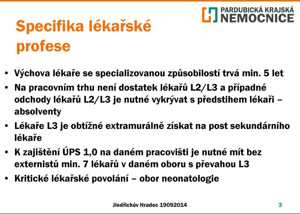 lékaři absolventy Lékaře L3 je obtížné extramurálně získat na post sekundárního lékaře K zajištění ÚPS 1,0 na daném