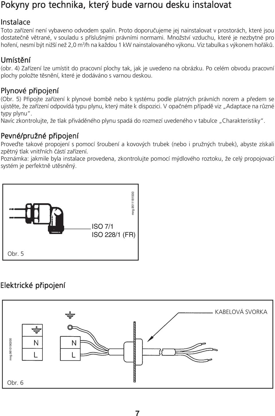 Množství vzduchu, které je nezbytné pro hoření, nesmí být nižší než 2,0 m 3 /h na každou 1 kw nainstalovaného výkonu. Viz tabulka s výkonem hořáků. Umístění (obr.