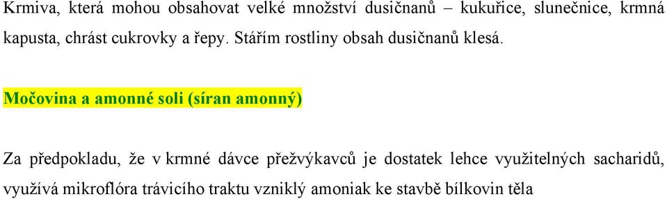 Močovina a amonné soli (síran amonný) Za předpokladu, že v krmné dávce přežvýkavců je