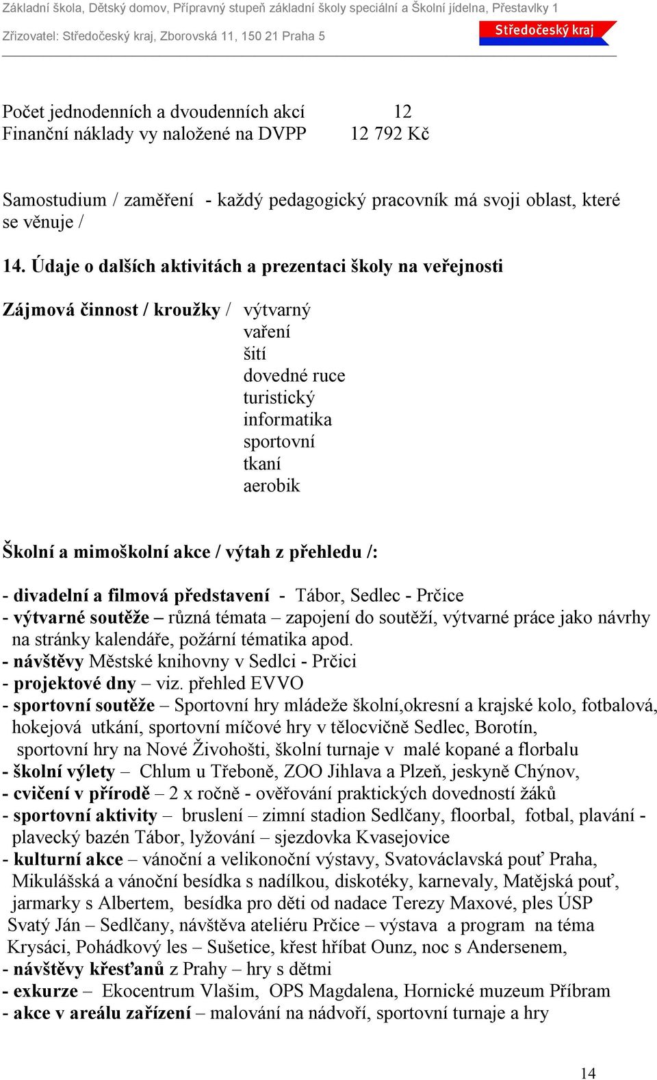 výtah z přehledu /: - divadelní a filmová představení - Tábor, Sedlec - Prčice - výtvarné soutěže různá témata zapojení do soutěží, výtvarné práce jako návrhy na stránky kalendáře, požární tématika