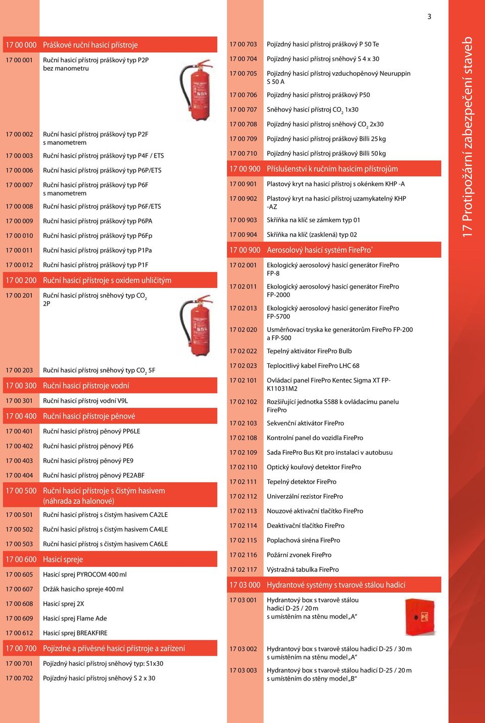 17 00 009 Ruční hasicí přístroj práškový typ P6PA 17 00 010 Ruční hasicí přístroj práškový typ P6Fp 17 00 703 Pojízdný hasicí přístroj práškový P 50 Te 17 00 704 Pojízdný hasicí přístroj sněhový S 4