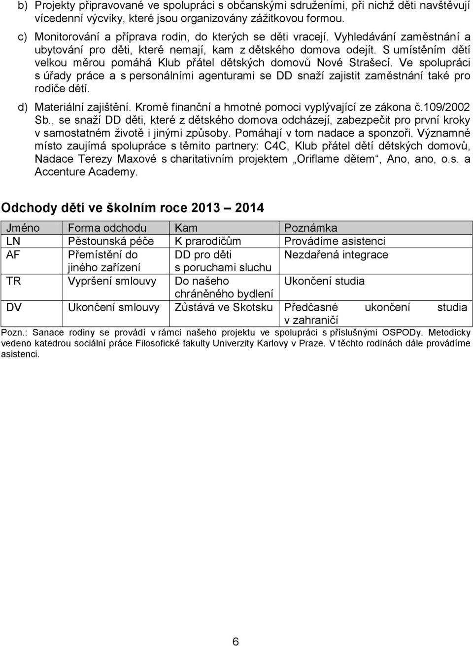 S umístěním dětí velkou měrou pomáhá Klub přátel dětských domovů Nové Strašecí. Ve spolupráci s úřady práce a s personálními agenturami se DD snaží zajistit zaměstnání také pro rodiče dětí.