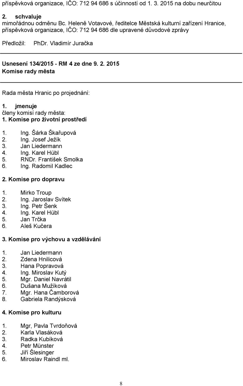 jmenuje členy komisí rady města: 1. Komise pro ţivotní prostředí 1. Ing. Šárka Škařupová 2. Ing. Josef Jeţík 3. Jan Liedermann 4. Ing. Karel Hübl 5. RNDr. František Smolka 6. Ing. Radomil Kadlec 2.