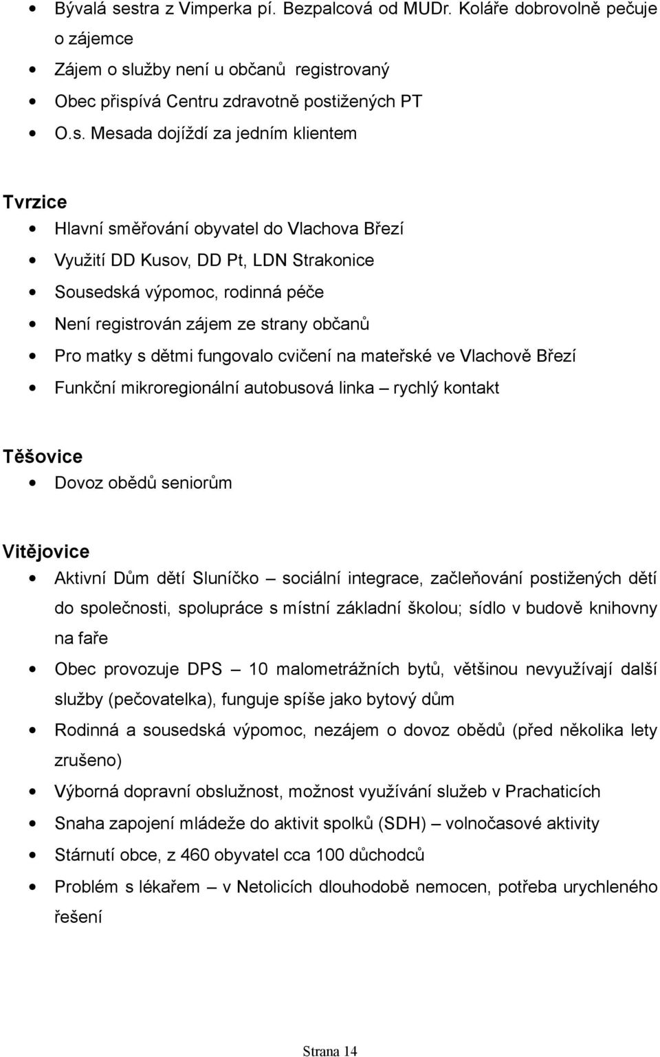 klientem Tvrzice Hlavní směřování obyvatel do Vlachova Březí Využití DD Kusov, DD Pt, LDN Strakonice Sousedská výpomoc, rodinná péče Není registrován zájem ze strany občanů Pro matky s dětmi