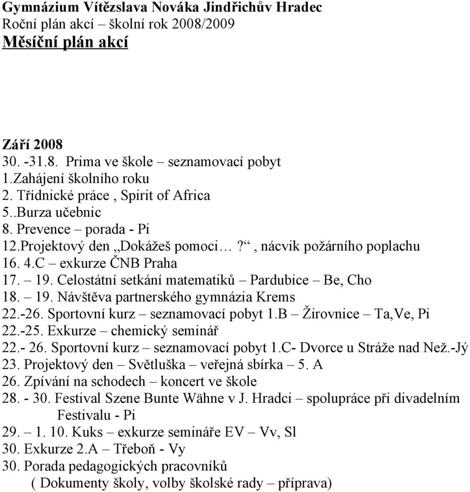 Celostátní setkání matematiků Pardubice Be, Cho 18. 19. Návštěva partnerského gymnázia Krems 22.-26. Sportovní kurz seznamovací pobyt 1.B Žirovnice Ta,Ve, Pi 22.-25. Exkurze chemický seminář 22.- 26.