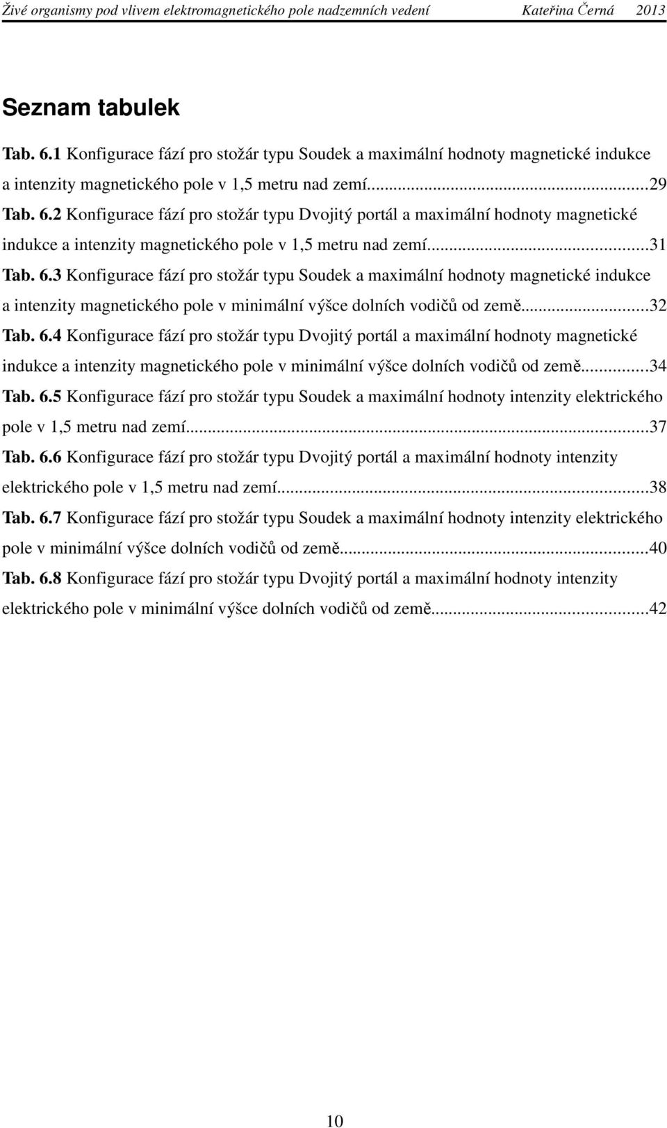 ..34 Tab. 6.5 Konfigurace fází pro stožár typu Soudek a maximální hodnoty intenzity elektrického pole v 1,5 metru nad zemí...37 Tab. 6.6 Konfigurace fází pro stožár typu Dvojitý portál a maximální hodnoty intenzity elektrického pole v 1,5 metru nad zemí.