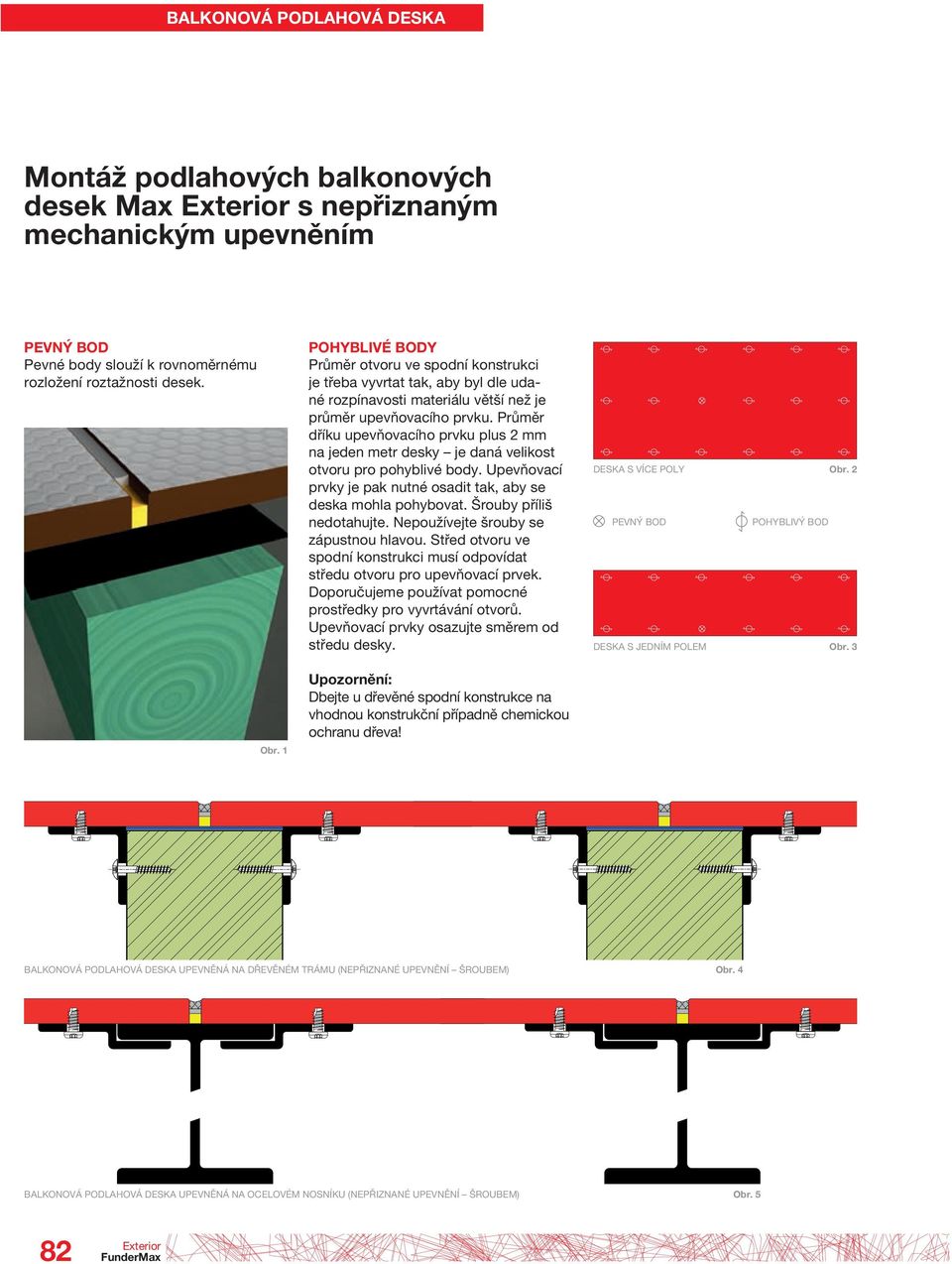 Průměr dříku upevňovacího prvku plus 2 mm na jeden metr desky je daná velikost otvoru pro pohyblivé body. Upevňovací prvky je pak nutné osadit tak, aby se deska mohla pohybovat.