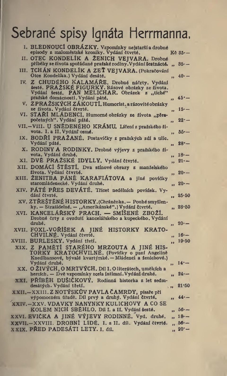 PRAŽSKÉ FIGURKY. Rázové obrázky ze života. Vydání šesté. PAN MELICHAR. Obrázek z tiché" pražské domácnosti. Vydání páté. 46* V. Z PRAŽSKÝCH ZÁKOUTÍ. Humorist, a rázovité obrázky ze života.