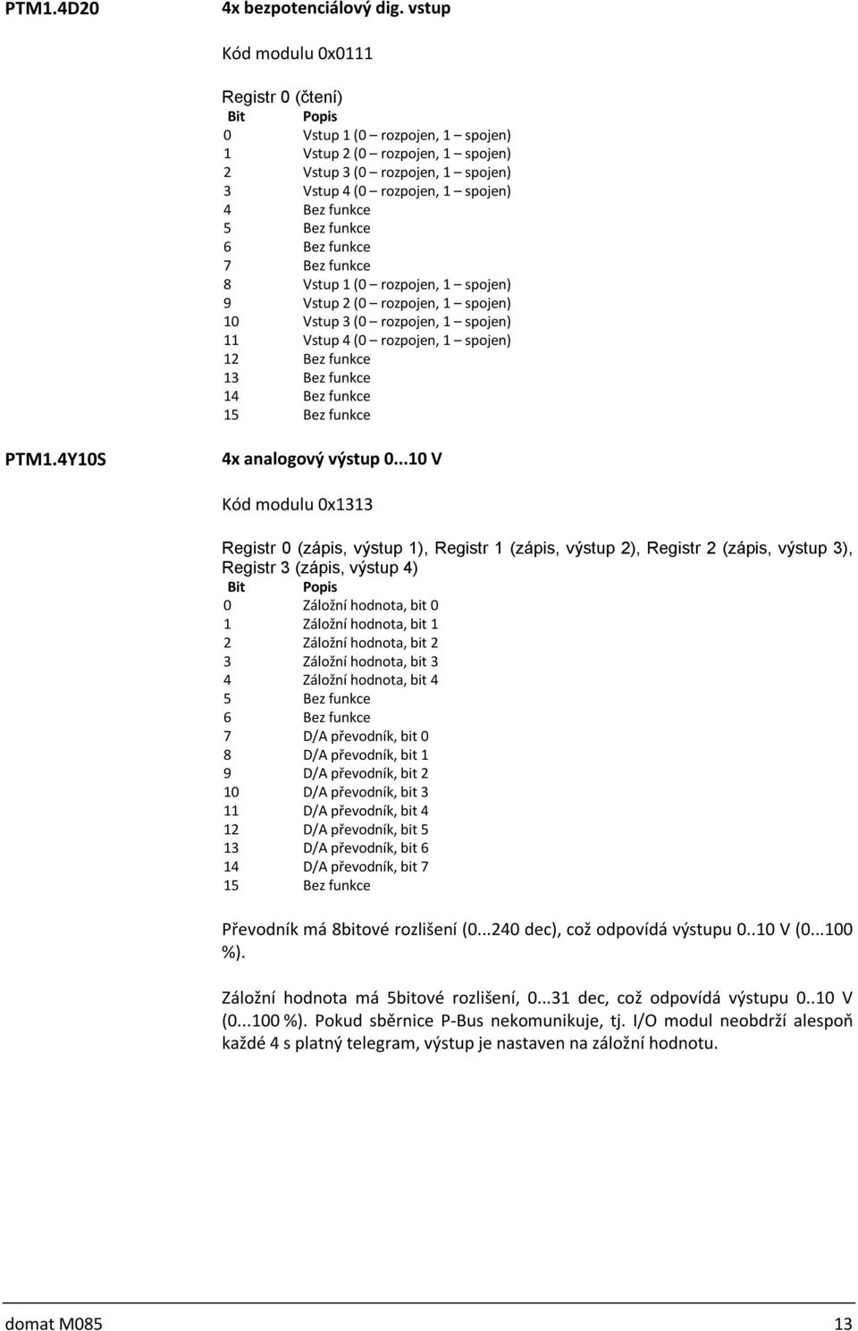 spojen) 9 Vstup 2 (0 rozpojen, 1 spojen) 10 Vstup 3 (0 rozpojen, 1 spojen) 11 Vstup 4 (0 rozpojen, 1 spojen) 1 1 1 1 PTM1.4Y10S 4x analogový výstup 0.