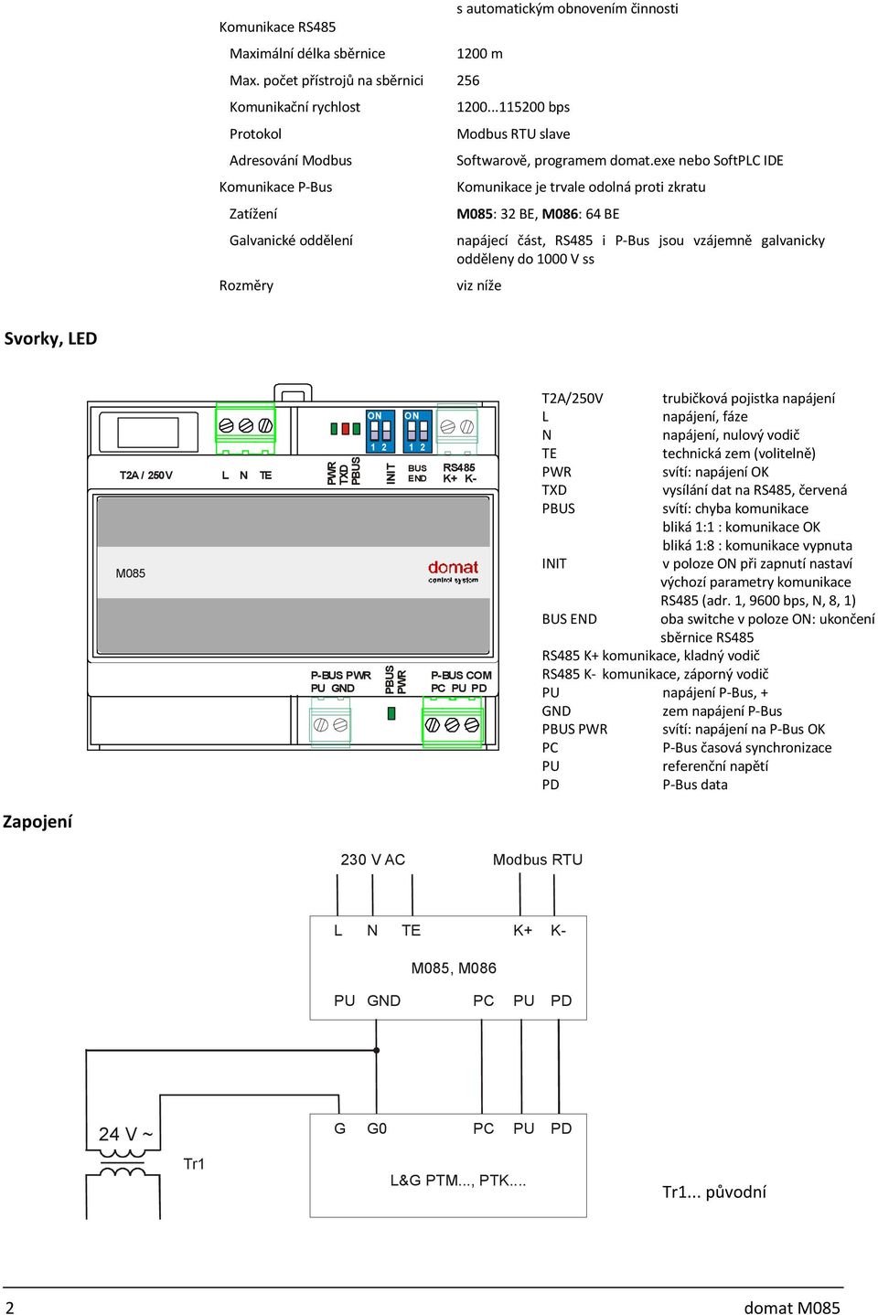 ..115200 bps Modbus RTU slave Softwarově, programem domat.