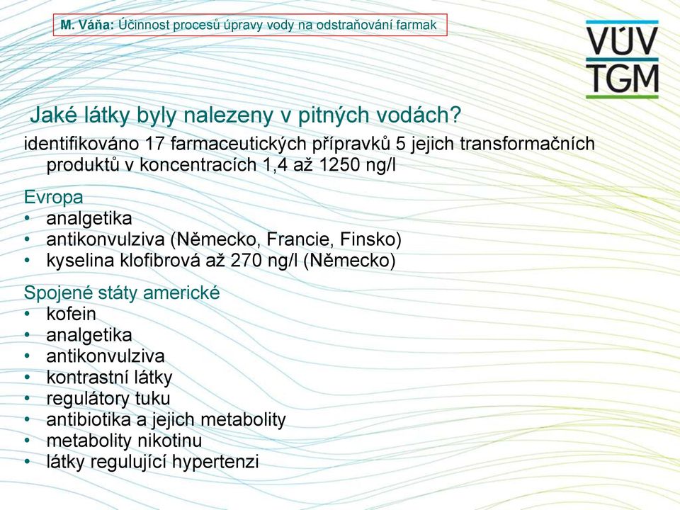 ng/l Evropa analgetika antikonvulziva (Německo, Francie, Finsko) kyselina klofibrová aţ 270 ng/l