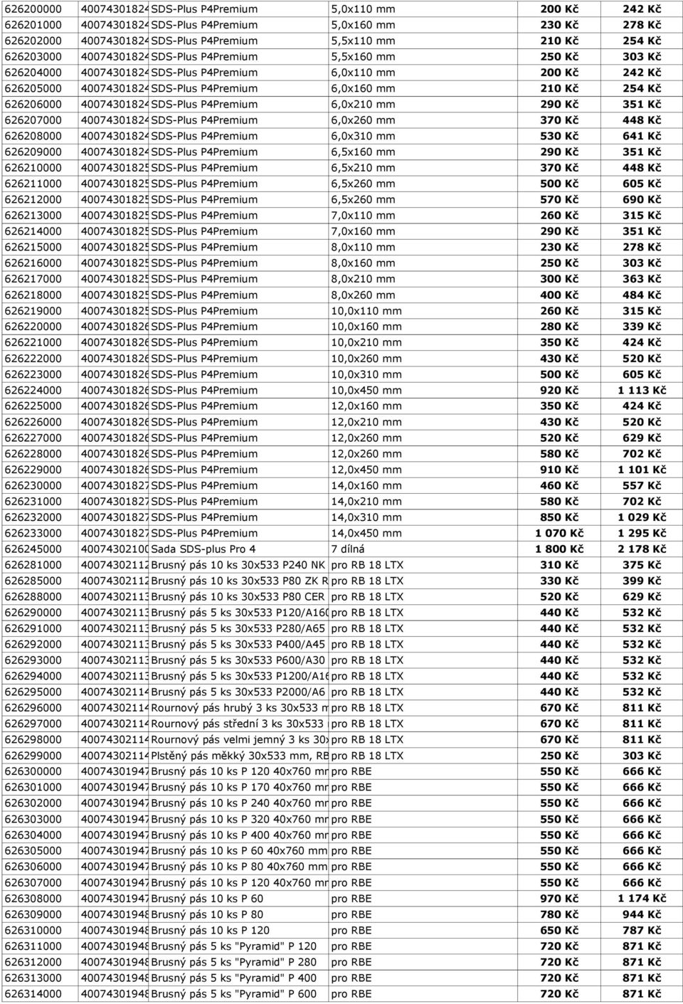 210 Kč 254 Kč 626206000 4007430182463 SDS-Plus P4Premium 6,0x210 mm 290 Kč 351 Kč 626207000 4007430182470 SDS-Plus P4Premium 6,0x260 mm 370 Kč 448 Kč 626208000 4007430182487 SDS-Plus P4Premium