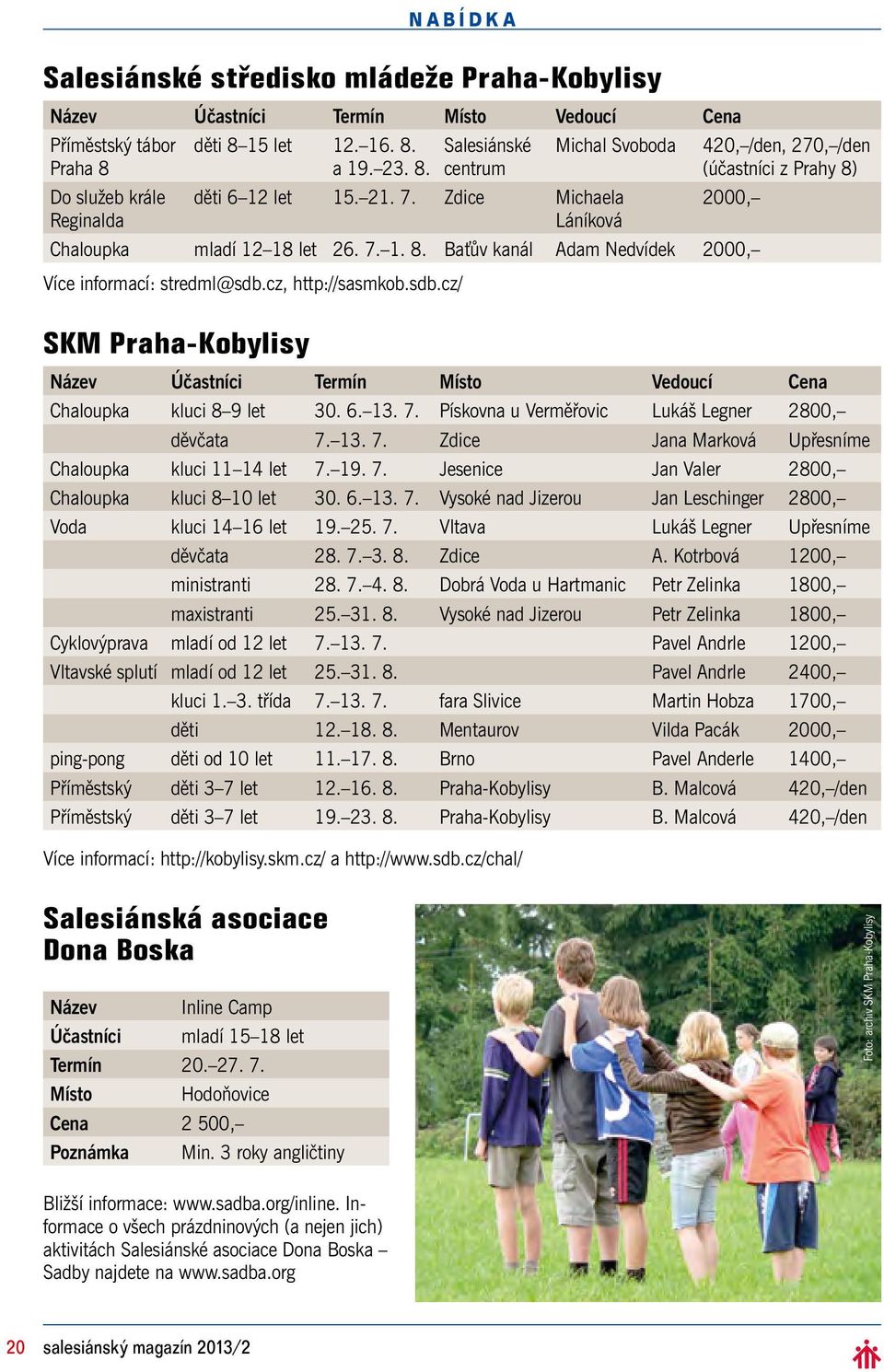 sdb.cz/ SKM Praha-Kobylisy Název Účastníci Termín Místo Vedoucí Cena Chaloupka kluci 8 9 let 30. 6. 13. 7. Pískovna u Verměřovic Lukáš Legner 2800, děvčata 7. 13. 7. Zdice Jana Marková Upřesníme Chaloupka kluci 11 14 let 7.