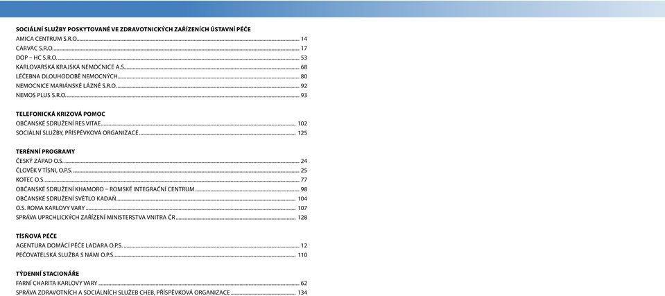 .. 125 Terénní programy Český západ o.s.... 24 ČLOVĚK V TÍSNI, o.p.s.... 25 Kotec o.s.... 77 Občanské sdružení Khamoro Romské integrační centrum... 98 Občanské sdružení Světlo Kadaň... 104 o.s. ROMA KARLOVY VARY.