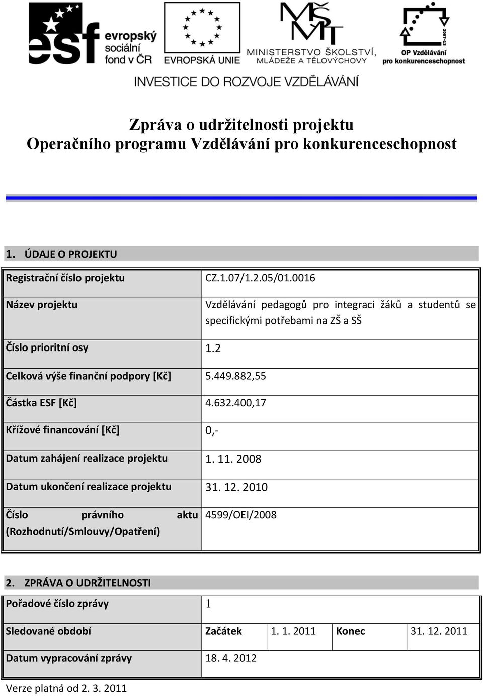 882,55 Částka ESF [Kč] 4.632.400,17 Křížové financování [Kč] 0, Datum zahájení realizace projektu 1. 11. 2008 Datum ukončení realizace projektu 31. 12.