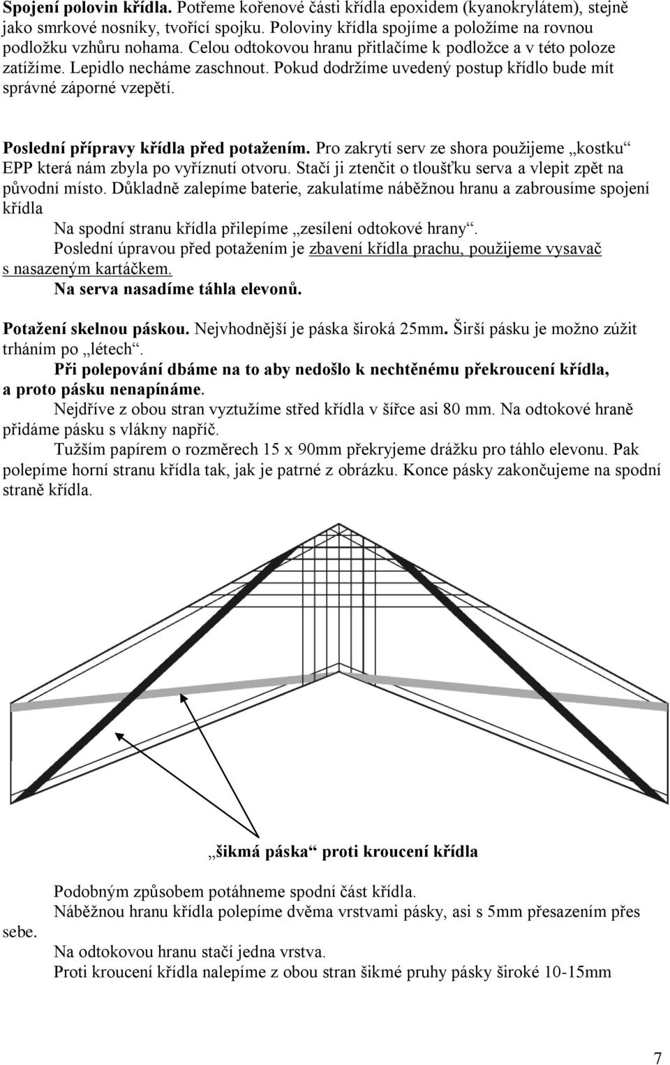 Poslední přípravy křídla před potažením. Pro zakrytí serv ze shora použijeme kostku EPP která nám zbyla po vyříznutí otvoru. Stačí ji ztenčit o tloušťku serva a vlepit zpět na původní místo.