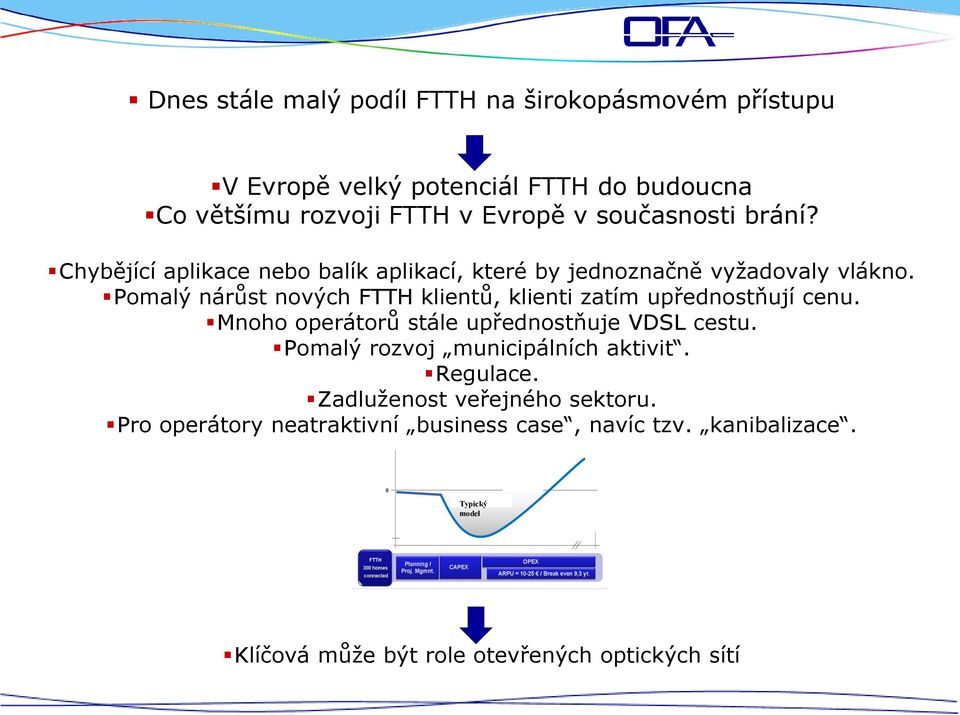 Pomalý nárůst nových FTTH klientů, klienti zatím upřednostňují cenu. Mnoho operátorů stále upřednostňuje VDSL cestu.