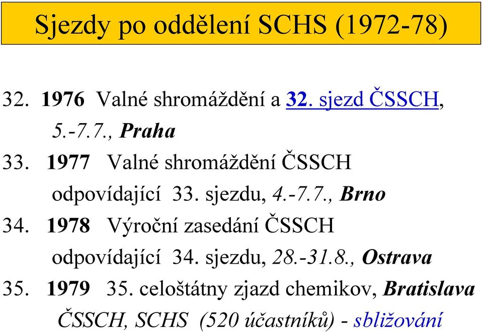 1978 Výroční zasedání ČSSCH odpovídající 34. sjezdu, 28.-31.8., Ostrava 35. 1979 35.