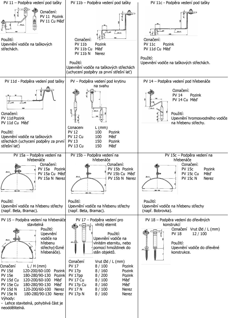 PV 14 Podpěra vedení pod hřebenáče na svahu PV 14 Pozink PV 14 Cu Měď PV 11d Pozink PV 11d Cu Měď Označení L (mm) PV 12 100 Pozink Upevnění vodiče na taškových PV 12 Cu 100 Měď střechách (uchycení