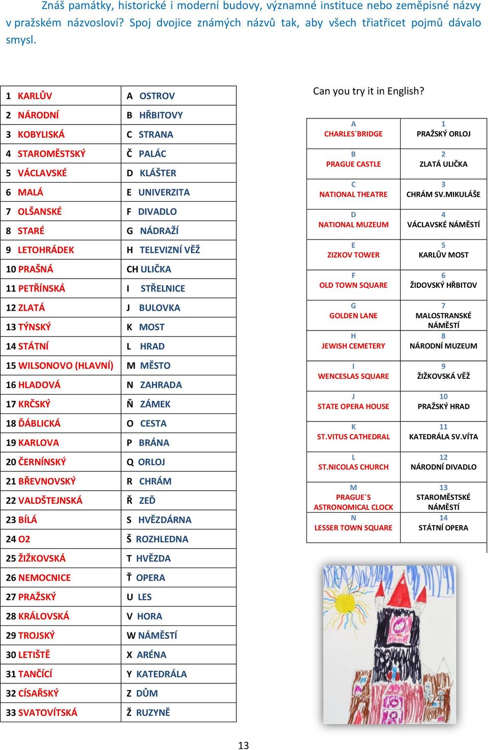 2 NÁRODNÍ B HŘBITOVY 3 KOBYLISKÁ C STRANA 4 STAROMĚSTSKÝ Č PALÁC 5 VÁCLAVSKÉ D KLÁŠTER 6 MALÁ E UNIVERZITA 7 OLŠANSKÉ F DIVADLO 8 STARÉ G NÁDRAŽÍ 9 LETOHRÁDEK H TELEVIZNÍ VĚŽ 10 PRAŠNÁ CH ULIČKA 11