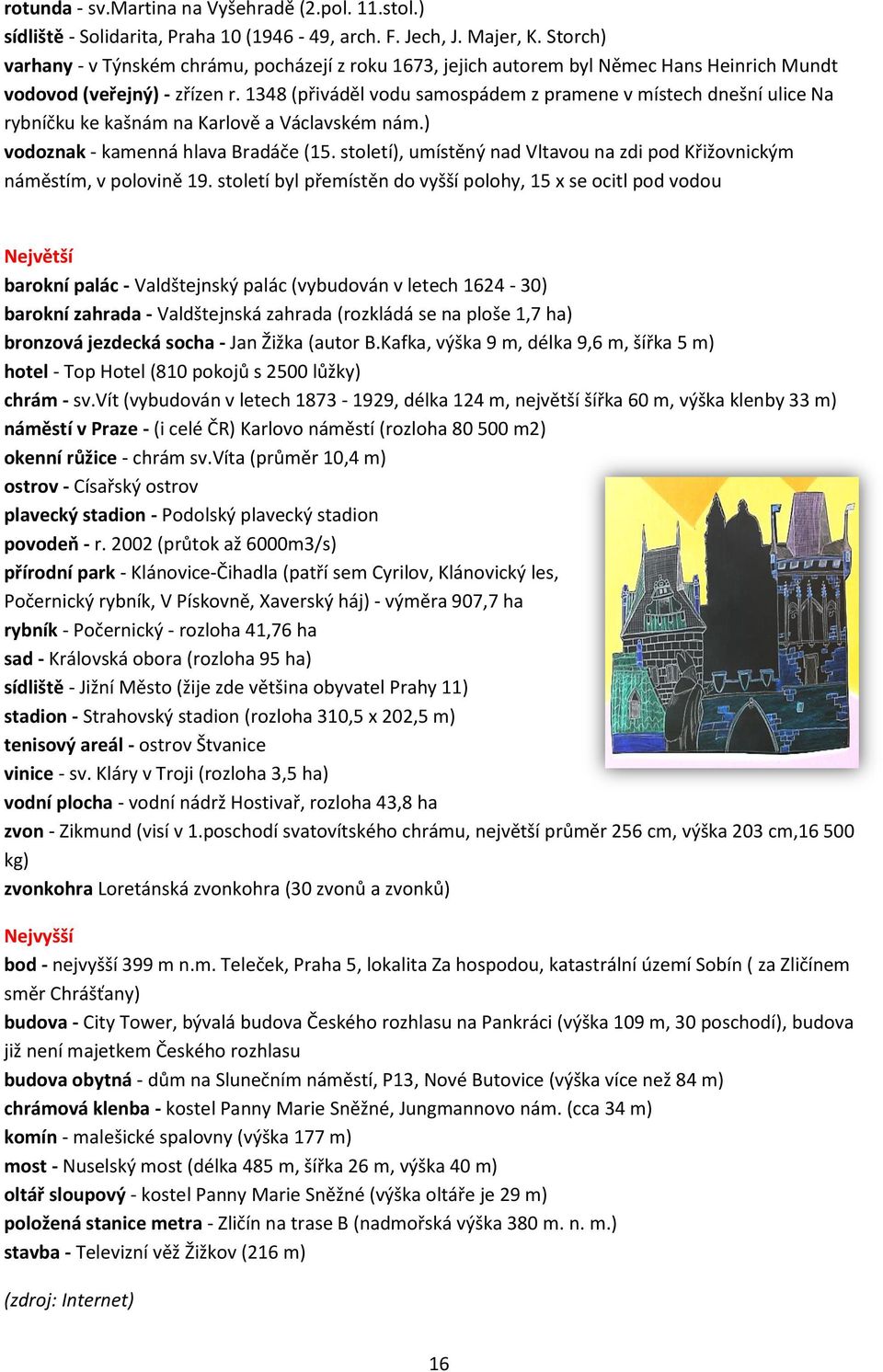 1348 (přiváděl vodu samospádem z pramene v místech dnešní ulice Na rybníčku ke kašnám na Karlově a Václavském nám.) vodoznak - kamenná hlava Bradáče (15.