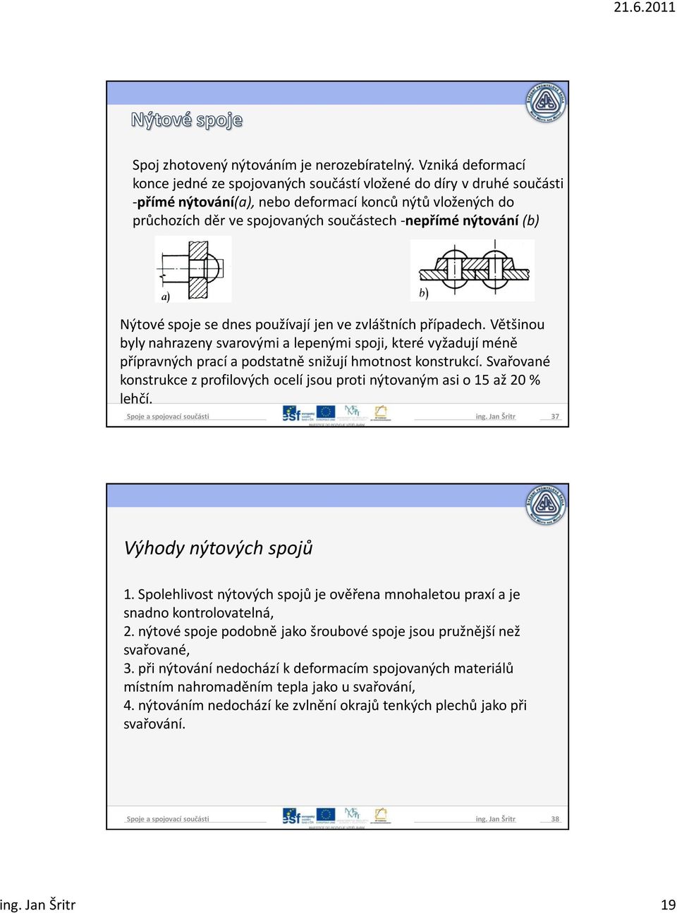 nýtování (b) Nýtové spoje se dnes používají jen ve zvláštních případech.