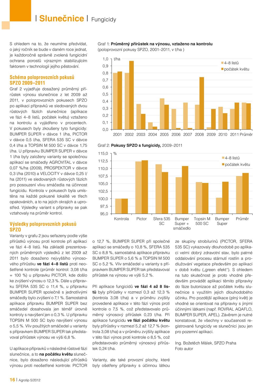 Schéma poloprovozních pokusů SPZO 2009 2011 Graf 2 vyjadřuje dosažený průměrný přírůstek výnosu slunečnice z let 2009 až 2011, v poloprovozních pokusech SPZO po aplikaci přípravků ve sledovaných dvou