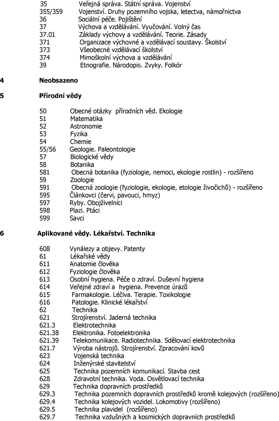 Zvyky. Folkór 4 Neobsazeno 5 Přírodní vědy 50 Obecné otázky přírodních věd. Ekologie 51 Matematika 52 Astronomie 53 Fyzika 54 Chemie 55/56 Geologie.