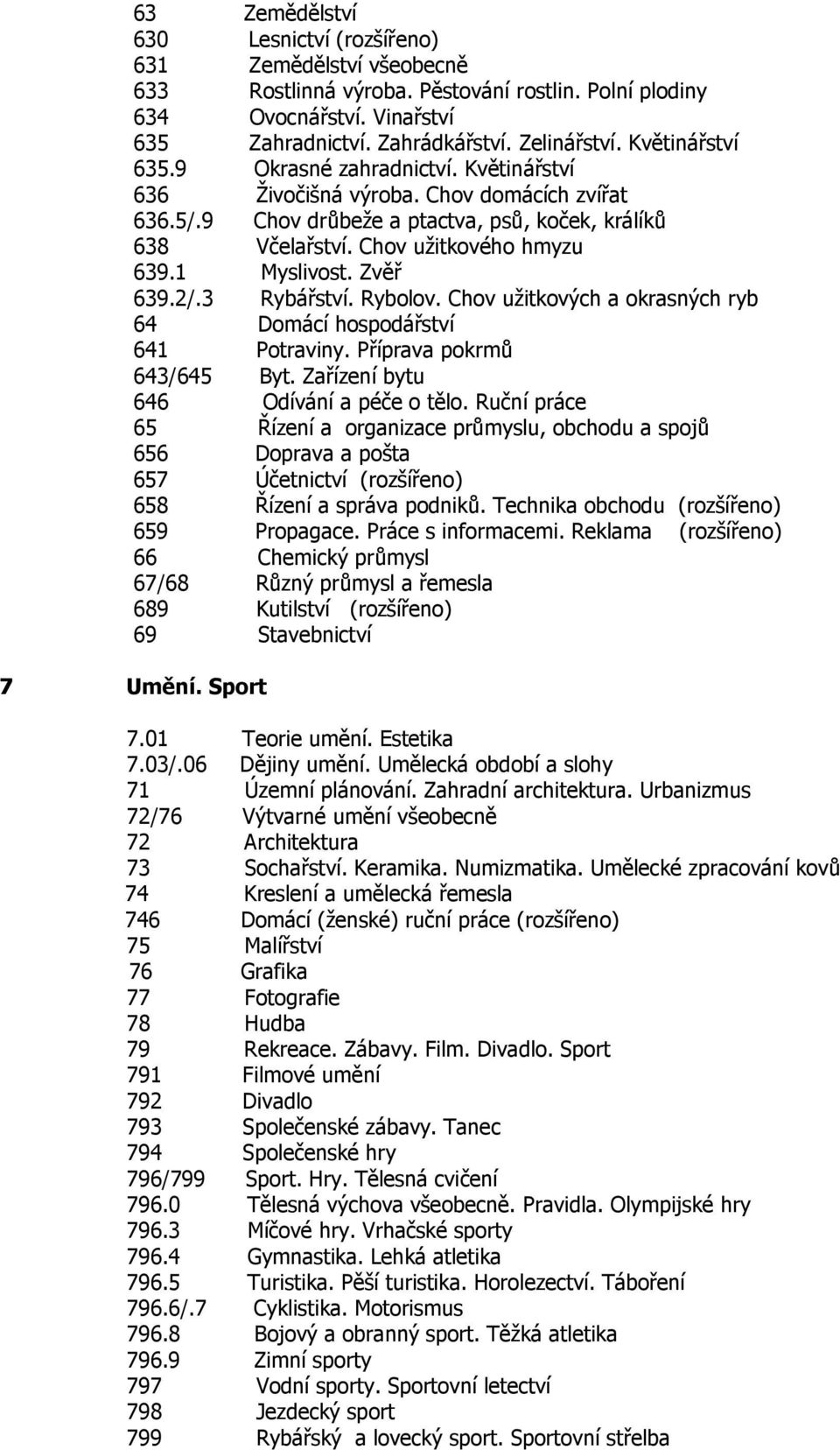 1 Myslivost. Zvěř 639.2/.3 Rybářství. Rybolov. Chov užitkových a okrasných ryb 64 Domácí hospodářství 641 Potraviny. Příprava pokrmů 643/645 Byt. Zařízení bytu 646 Odívání a péče o tělo.