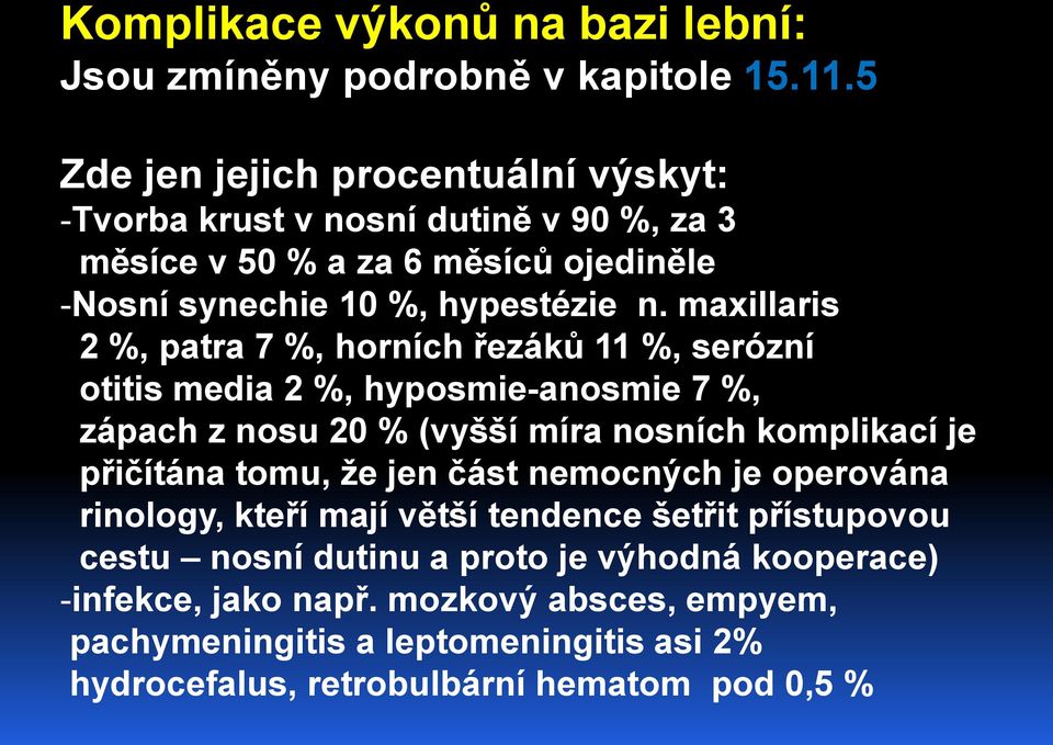 maxillaris 2 %, patra 7 %, horních řezáků 11 %, serózní otitis media 2 %, hyposmie-anosmie 7 %, zápach z nosu 20 % (vyšší míra nosních komplikací je přičítána tomu,