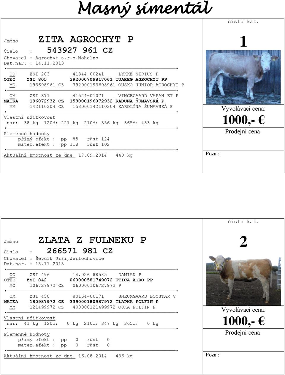 196072932 CZ 158000196072932 RADUNA ŠUMAVSKÁ P MM 142110304 CZ 158000142110304 KAROLÍNA ŠUMAVSKÁ P nar: 38 kg 120d: 221 kg 210d: 356 kg 365d: 483 kg přímý efekt : pp 85 růst 124 mater.