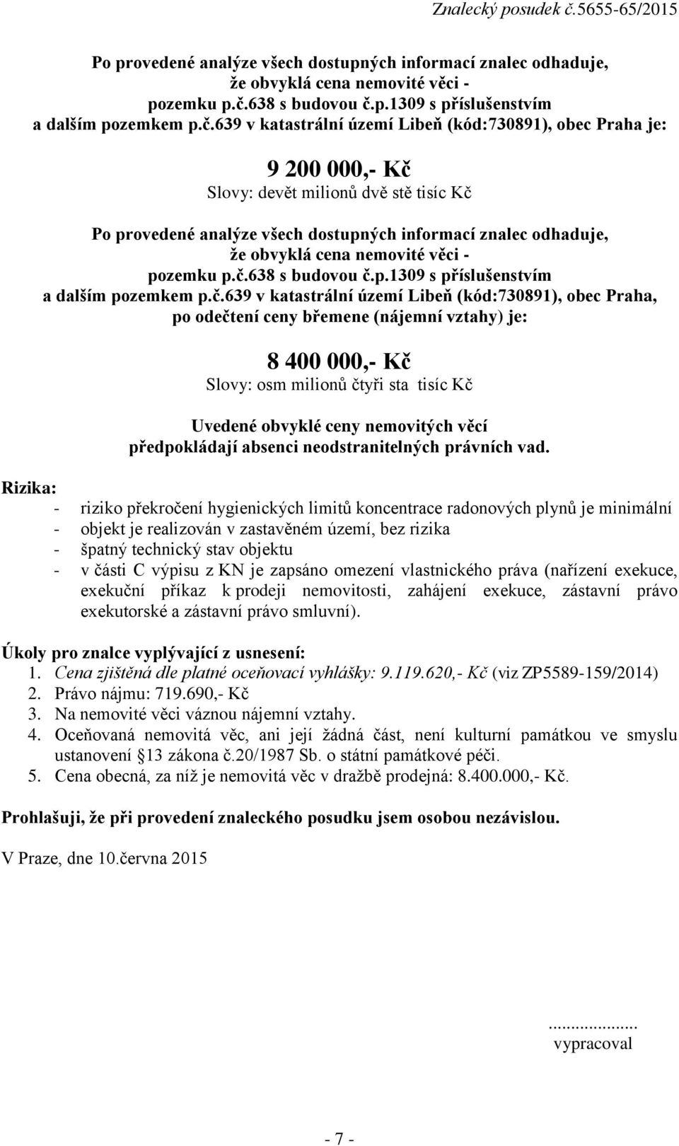 p.1309 s příslušenstvím a dalším pozemkem p.č.639 v katastrální území Libeň (kód:730891), obec Praha je: 9 200 000,- Kč Slovy: devět milionů dvě stě tisíc Kč p.