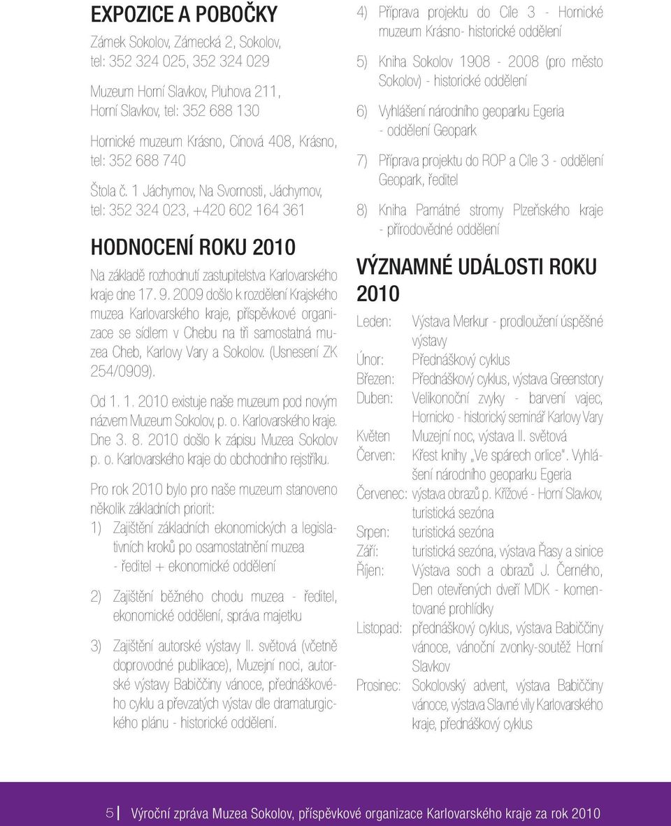 2009 došlo k rozdělení Krajského muzea Karlovarského kraje, příspěvkové organizace se sídlem v Chebu na tři samostatná muzea Cheb, Karlovy Vary a Sokolov. (Usnesení ZK 254/0909). Od 1.