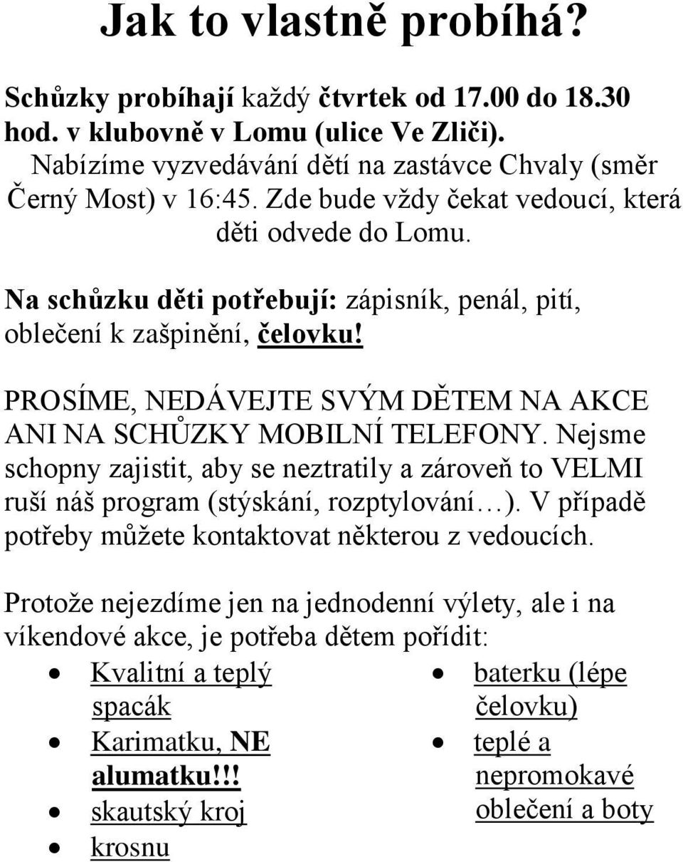PROSÍME, NEDÁVEJTE SVÝM DĚTEM NA AKCE ANI NA SCHŮZKY MOBILNÍ TELEFONY. Nejsme schopny zajistit, aby se neztratily a zároveň to VELMI ruší náš program (stýskání, rozptylování ).