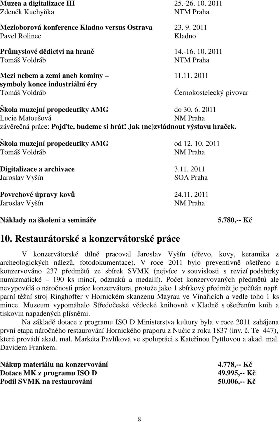 Jak (ne)zvládnout výstavu hraček. Škola muzejní propedeutiky AMG od 12. 10. 2011 Tomáš Voldráb NM Praha Digitalizace a archivace 3.11. 2011 Jaroslav Vyšín SOA Praha Povrchové úpravy kovů 24.11. 2011 Jaroslav Vyšín NM Praha Náklady na školení a semináře 5.