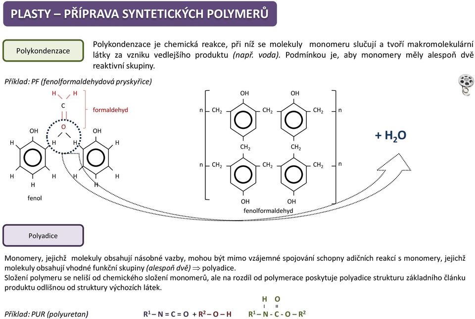 Příklad: PF (fenolformaldehydová pryskyřice) O O C formaldehyd n C 2 C 2 C 2 n O O O C 2 C 2 + 2 O n C 2 C 2 C 2 n fenol O O fenolformaldehyd Polyadice Monomery, jejichž molekuly obsahují násobné