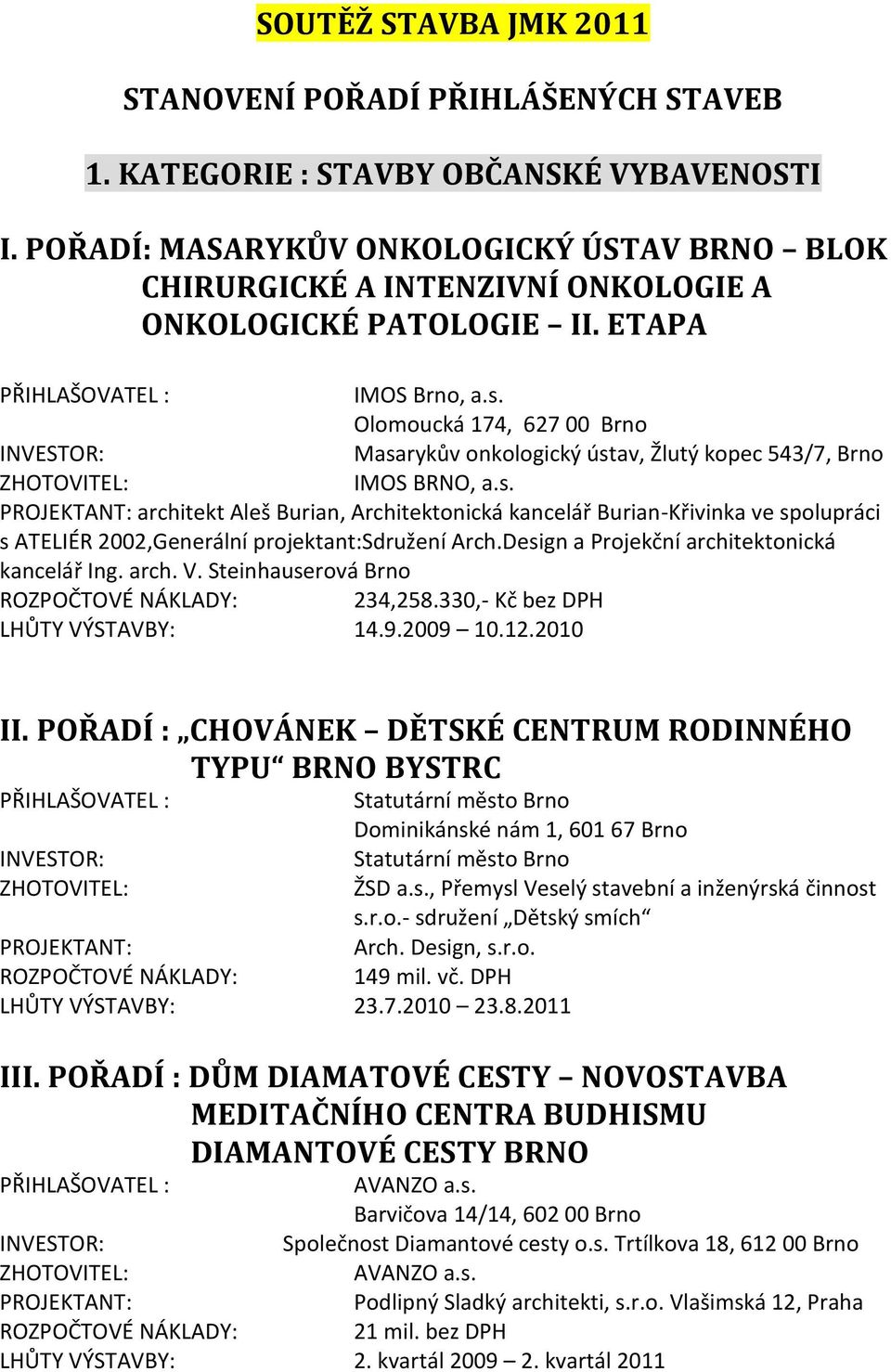 ETAPA Olomoucká 174, 627 00 Brno Masarykův onkologický ústav, Žlutý kopec 543/7, Brno IMOS BRNO, a.s. architekt Aleš Burian, Architektonická kancelář Burian-Křivinka ve spolupráci s ATELIÉR 2002,Generální projektant:sdružení Arch.