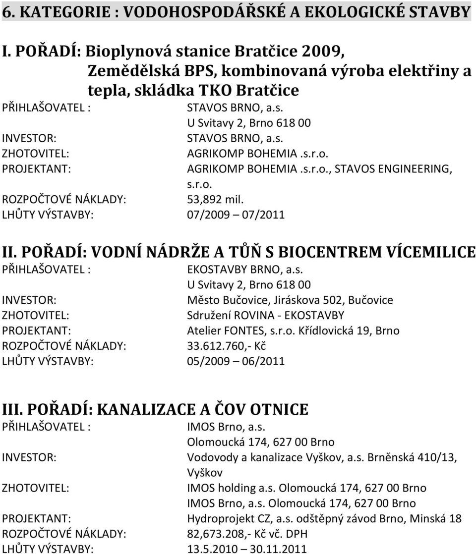 r.o. Křídlovická 19, Brno 33.612.760,- Kč LHŮTY VÝSTAVBY: 05/2009 06/2011 II: KANALIZACE A ČOV OTNICE Olomoucká 174, 627 00 Brno Vodovody a kanalizace Vyškov, a.s.