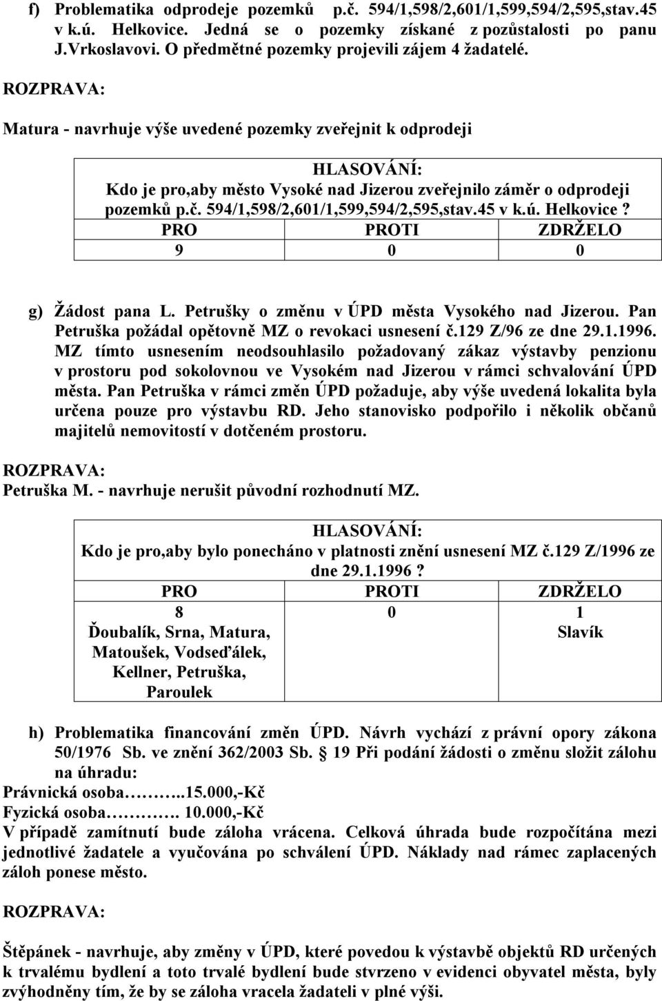 594/1,598/2,601/1,599,594/2,595,stav.45 v k.ú. Helkovice? g) Žádost pana L. Petrušky o změnu v ÚPD města Vysokého nad Jizerou. Pan Petruška požádal opětovně MZ o revokaci usnesení č.