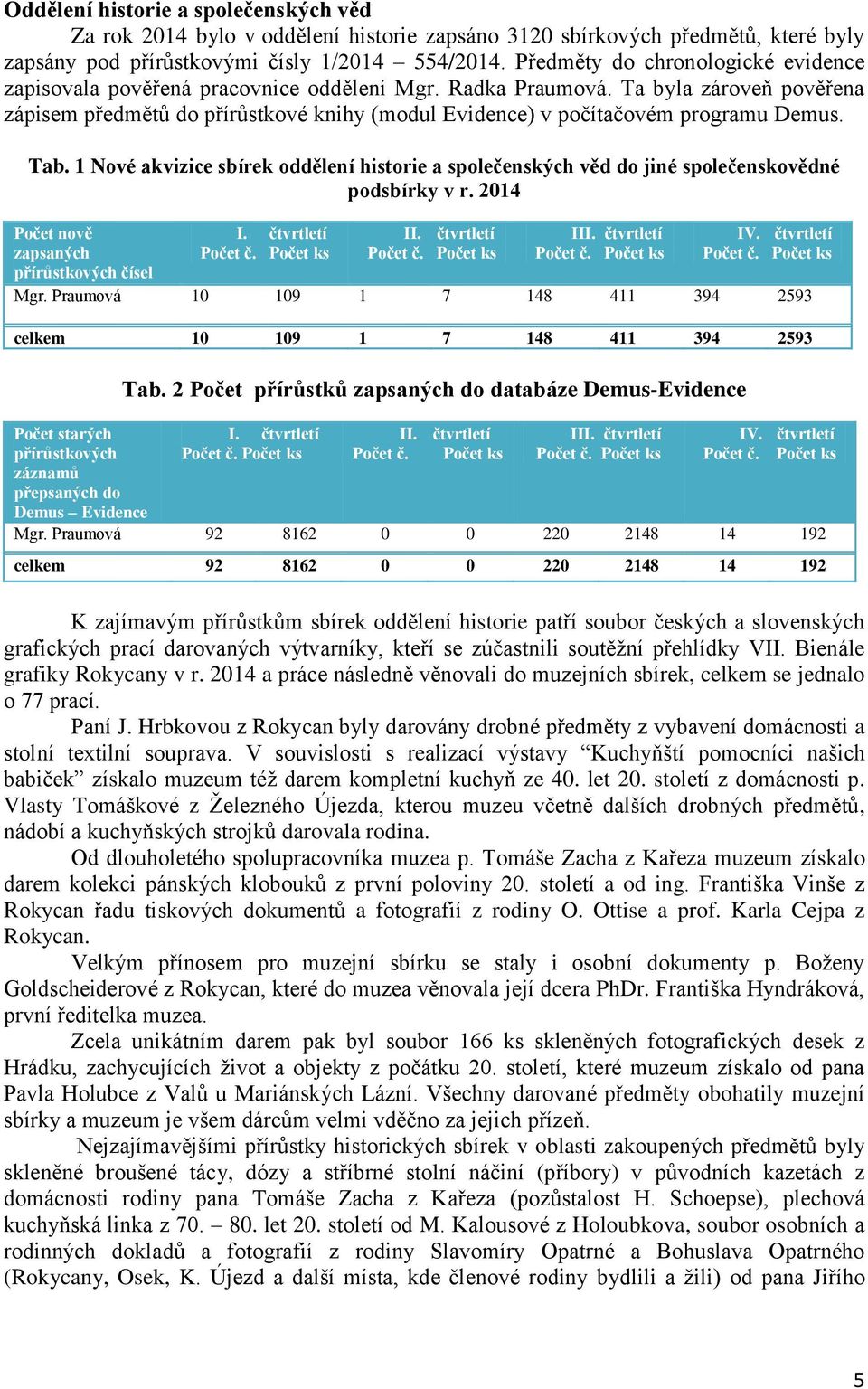 Ta byla zároveň pověřena zápisem předmětů do přírůstkové knihy (modul Evidence) v počítačovém programu Demus. Tab.