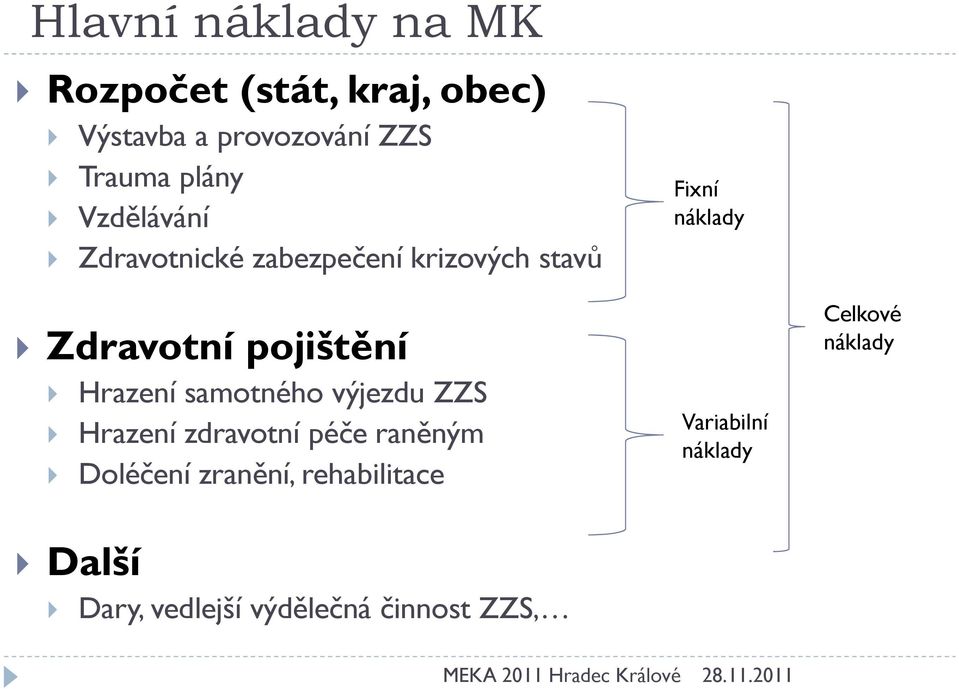 Hrazení samotného výjezdu ZZS } Hrazení zdravotní péče raněným } Doléčení zranění,