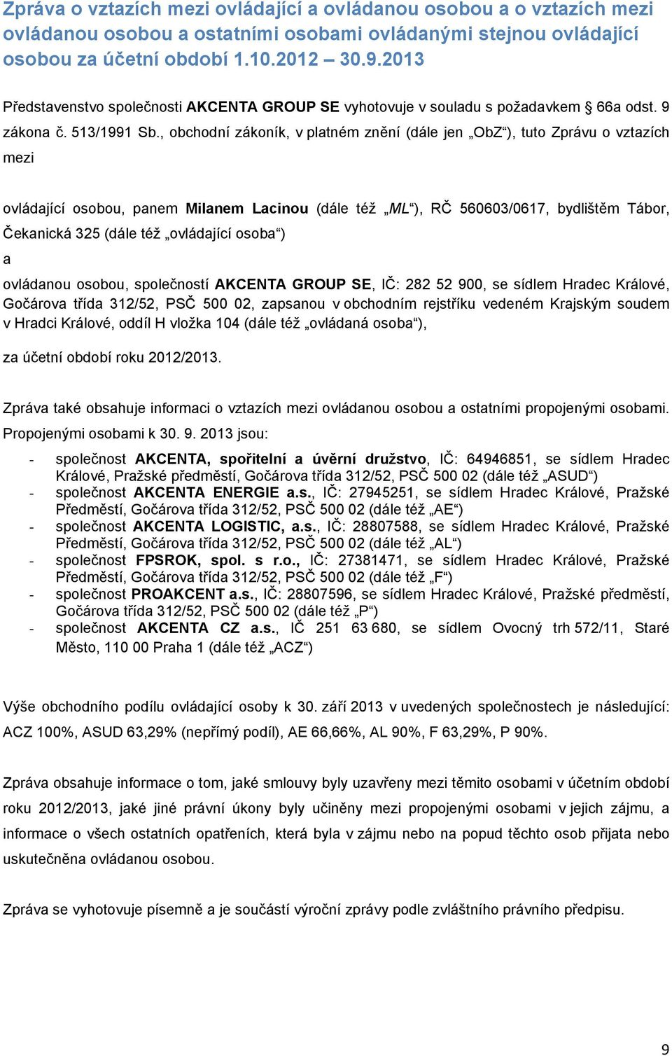 , obchodní zákoník, v platném znění (dále jen ObZ ), tuto Zprávu o vztazích mezi ovládající osobou, panem Milanem Lacinou (dále též ML ), RČ 560603/0617, bydlištěm Tábor, Čekanická 325 (dále též