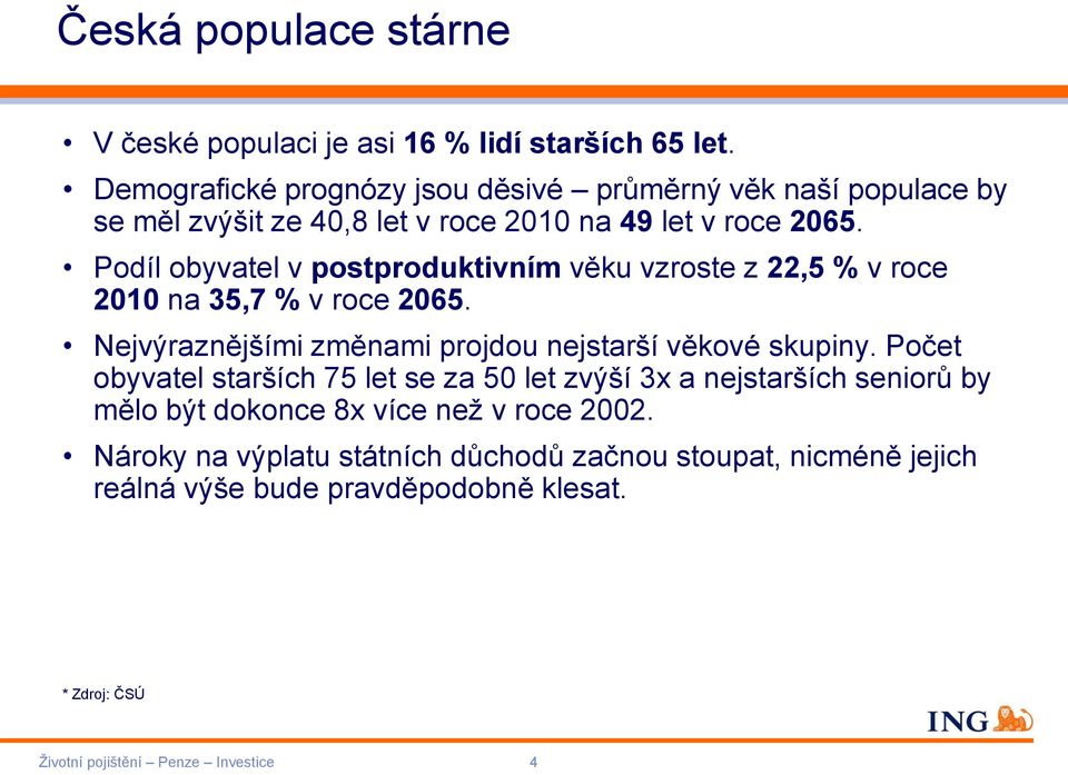 Podíl obyvatel v postproduktivním věku vzroste z 22,5 % v roce 2010 na 35,7 % v roce 2065. Nejvýraznějšími změnami projdou nejstarší věkové skupiny.