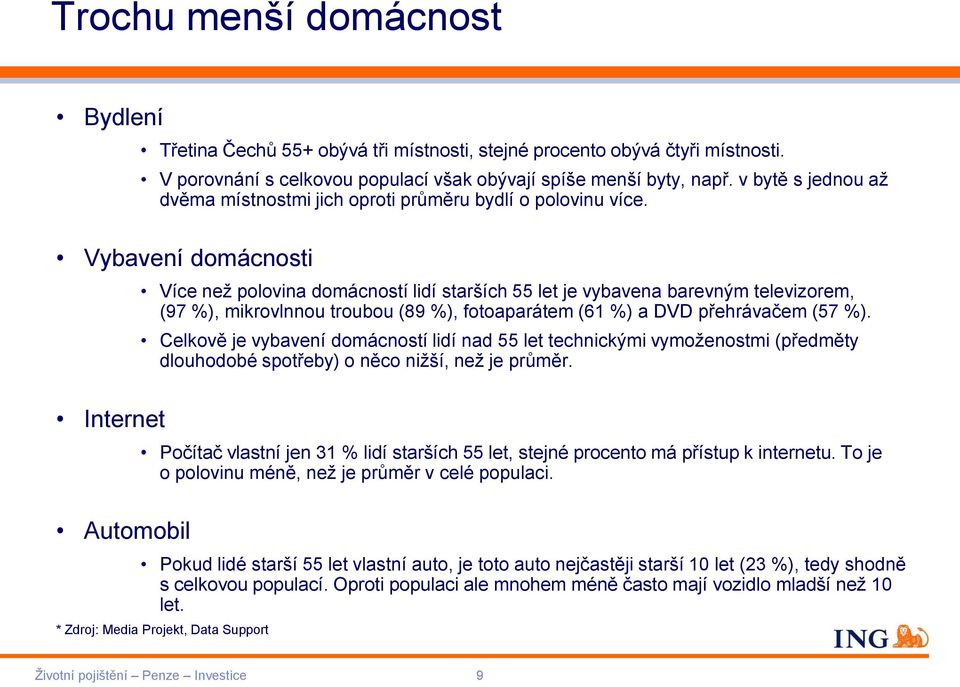 Vybavení domácnosti Internet Automobil Více než polovina domácností lidí starších 55 let je vybavena barevným televizorem, (97 %), mikrovlnnou troubou (89 %), fotoaparátem (61 %) a DVD přehrávačem